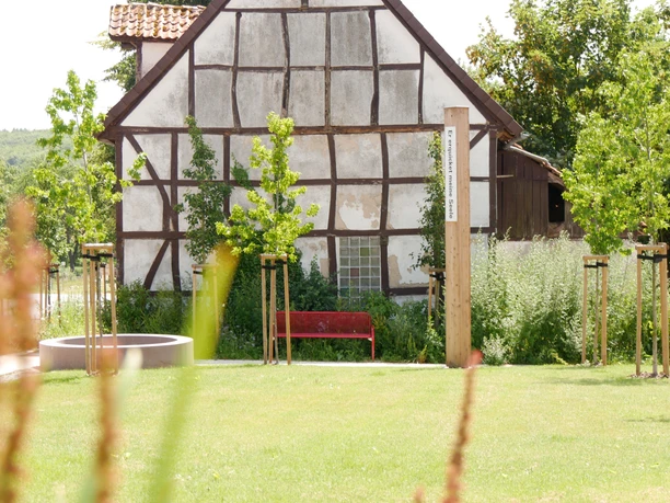 Holzpfahl mit Bibelzitat vor einem historischen Fachwerkhaus, umgeben von Gräsern und einem Baum.