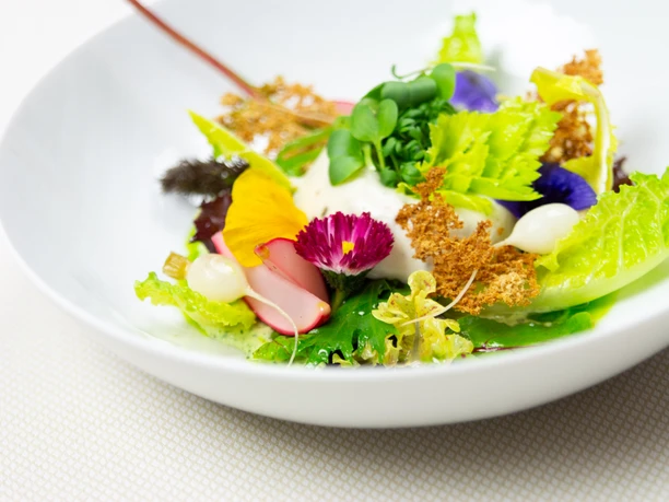 Ein eleganter Salatteller mit bunten Blumen, Radieschen, frischen Blättern und leuchtenden Kräutern.