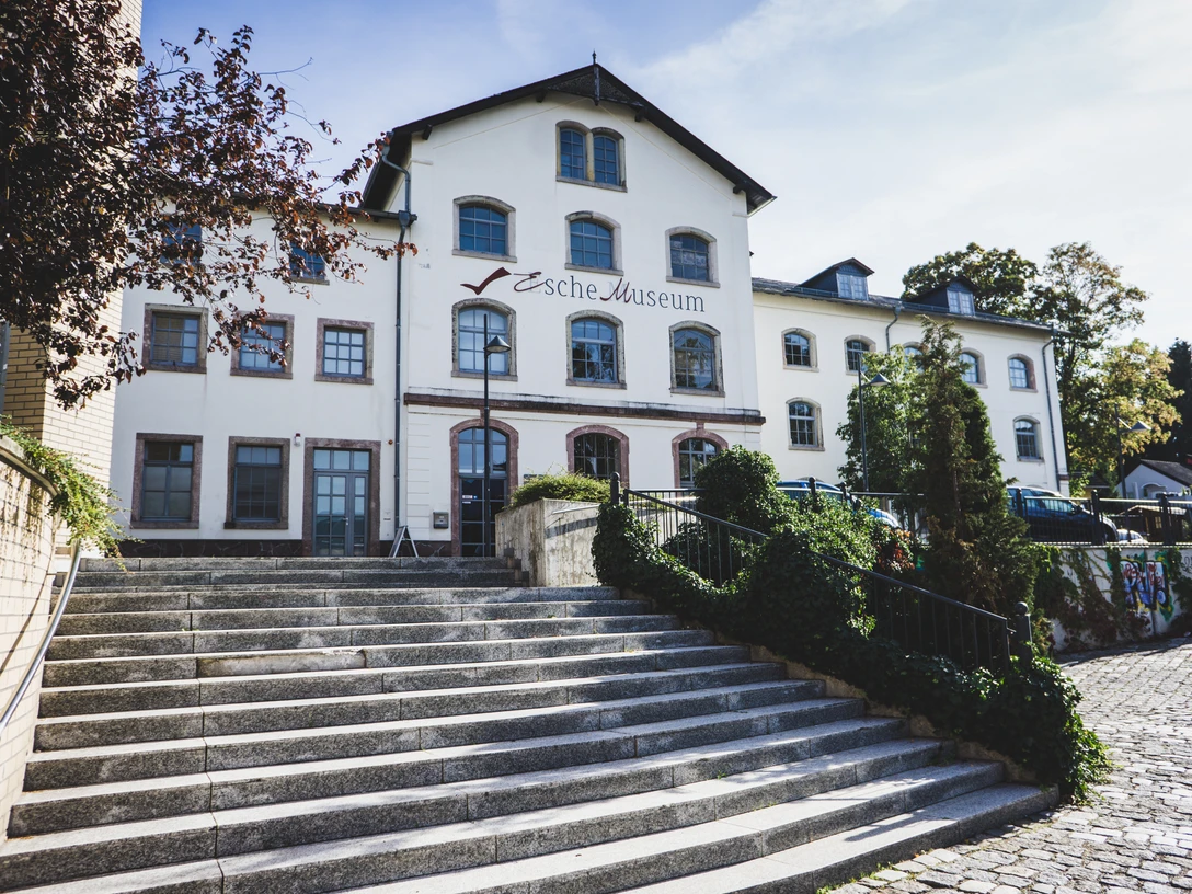 Außengebäude Esche-Museum.jpg Weißes mehrstöckiges Gebäude mit Schildern, Treppen und Pflanzen im Vordergrund.White multi-storey building with signs, stairs and plants in the foreground.Bílá vícepodlažní budova s nápisy, schody a rostlinami v popředí.Biały wielopiętrowy budynek ze znakami, schodami i roślinami na pierwszym planie.Wit gebouw met meerdere verdiepingen met borden, trappen en planten op de voorgrond.Edificio bianco a più piani con insegne, scale e piante in primo piano.