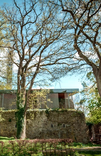 Burgruine Vlotho vom Parkplatz Blick auf einen Teil der Burgruine vom Parkplatz aus. Im Vordergrund sind Bäume zu sehen bei blauem Himmel