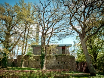 Burgruine Vlotho vom Parkplatz Blick auf einen Teil der Burgruine vom Parkplatz aus. Im Vordergrund sind Bäume zu sehen bei blauem Himmel