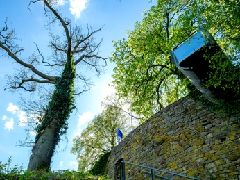 Blick von unterhalb der Burgmauer hoch zur Aussichtsplatform
