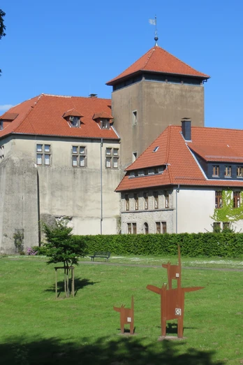 Burg Horn thront majestätisch auf einer Wiese mit rotem Ziegeldach und Umgeben von grünen Bäumen.