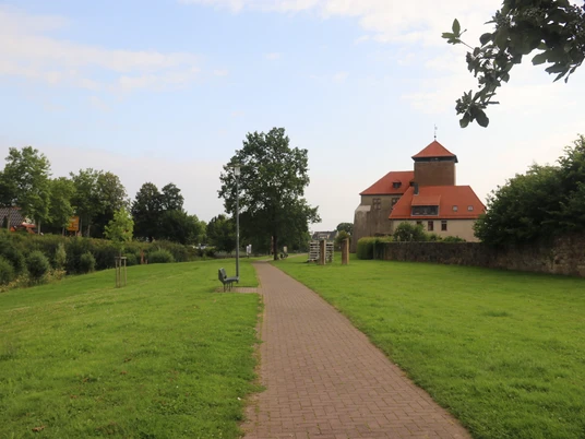 Pflasterweg führt durch grünen Park zur historischen Burg Horn, umgeben von altem Baumbestand.