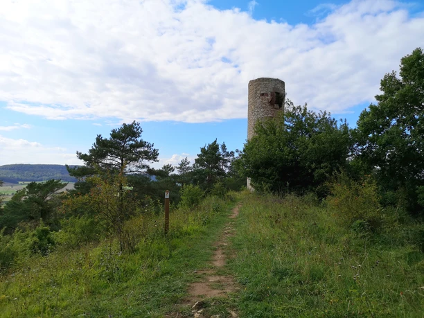 Heinturm Ein steinerner Wachtturm auf einem bewaldeten Pfad, mit weitem Ausblick über die Hügel.