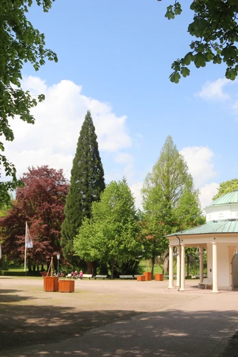 Brunnentempel mit Musikmuschel Ein historischer Pavillon mit grüner Kuppel steht in einem parkähnlichen Umfeld voller Bäume.