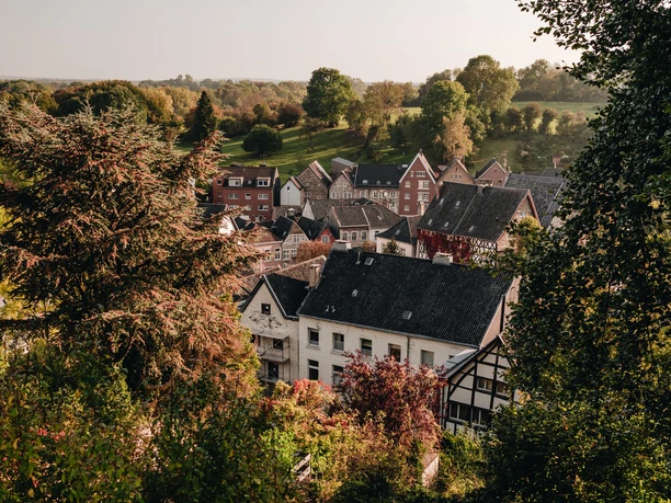 Häuser mit historischen Fassaden von oben in herbstlichem Licht und einem Baum mit orangenen Blättern.