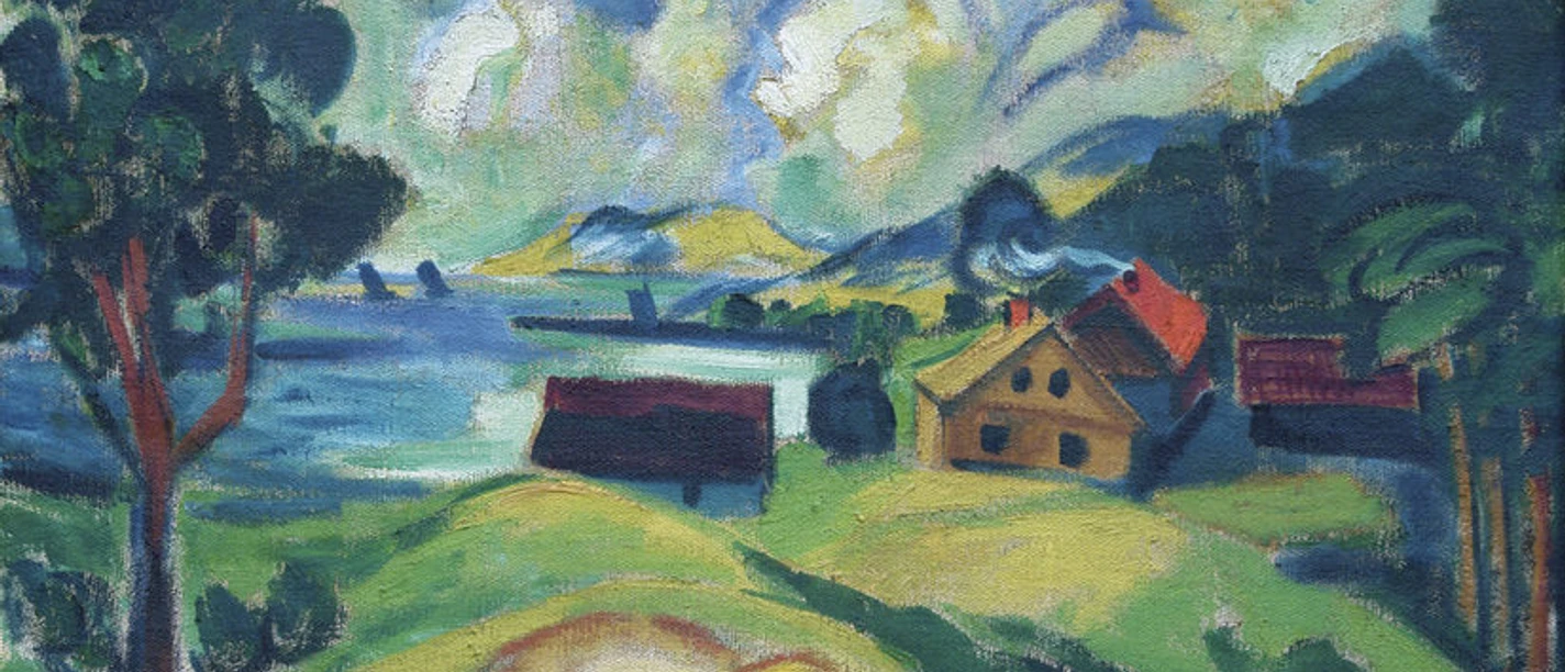 Am Haff.jpg Expressionistisches Gemälde mit Küstenlandschaft, Häusern, Bäumen und dramatischem Himmel.