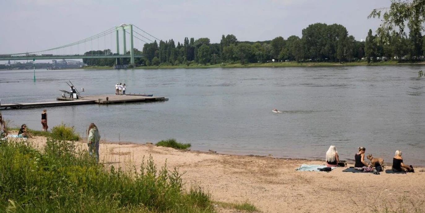 Kölsche Riviera Der Rheinstrand in Rodenkirchen mit Blick auf die grüne Vegetation, das Ufer und den Fluss bietet eine entspannte Atmosphäre. Im Hintergrund erstreckt sich eine Brücke über den Fluss, während Menschen am Ufer entspannen oder spazieren gehen.The Rhine beach in Rodenkirchen with a view of the green vegetation, the bank and the river offers a relaxed atmosphere. In the background, a bridge stretches across the river while people relax or stroll along the banks.