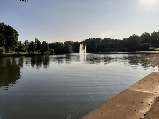 Gabelweiher Ruhiger Weiher mit Springbrunnen, umgeben von grünen Bäumen und Promenade, unter klarem Himmel.