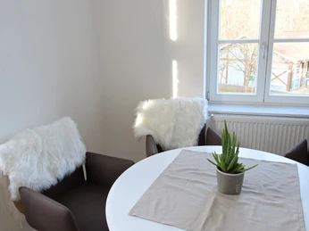 Heller Raum mit Fenstern, weißen Wänden, rundem Tisch, braunen Stühlen mit Fellüberwurf und Pflanze.