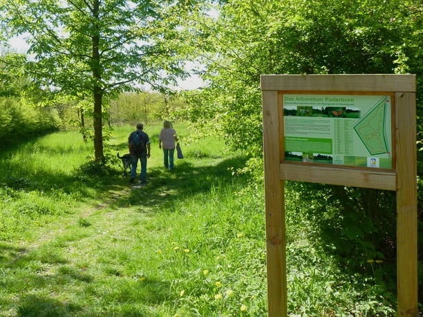 Arboretum Paderborn Zwei Personen spazieren mit einem Hund auf einem grünen Pfad im Arboretum Paderborn.