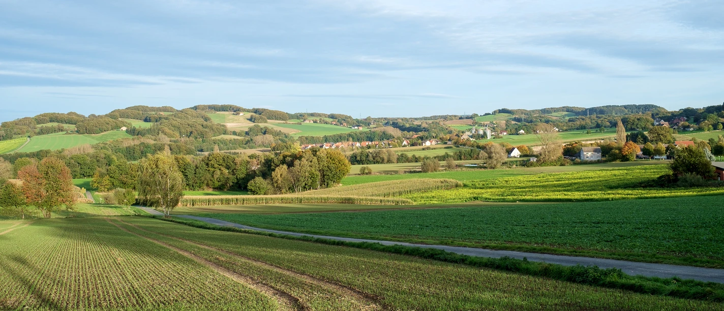 Ausblick Bonstapel Weite Felder unter blauem Himmel, sanfte Hügel im Hintergrund, vereinzelte Bäume und Häuser.