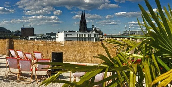SonnenscheinEtage Eine sonnige Dachterrasse mit Liegestühlen, Palmen und weitem Blick auf Kölns Dom vor blauem Himmel.A sunny roof terrace with sun loungers, palm trees and a sweeping view of Cologne Cathedral against a blue sky.