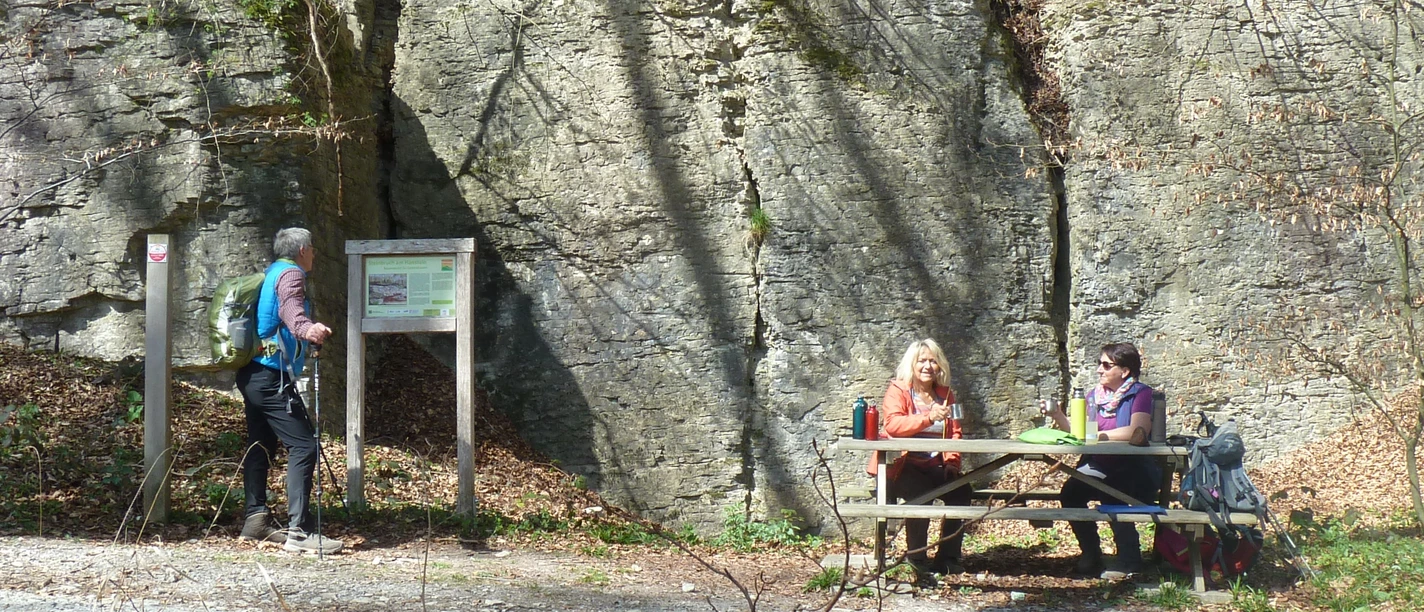 Steinbruch im Hanstein Ein Wanderer betrachtet eine Infotafel vor dem beeindruckenden Fels, daneben Menschen an einem Tisch.