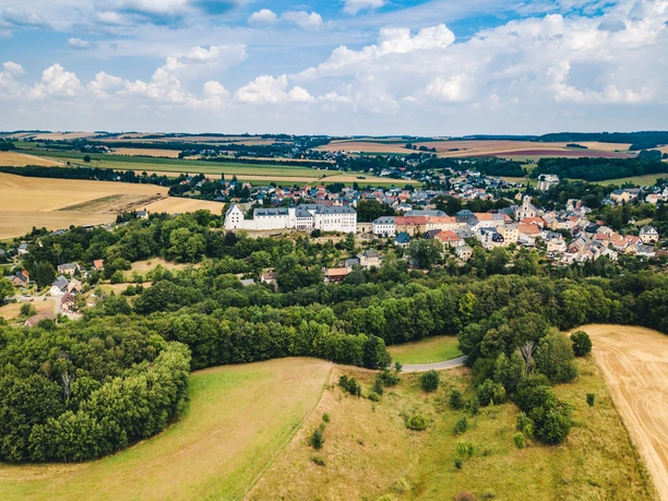 Schloss und Stadt Wildenfels von oben Luftaufnahme von Schloss und Stadt Wildenfels inmitten grüner Landschaft und Felder.