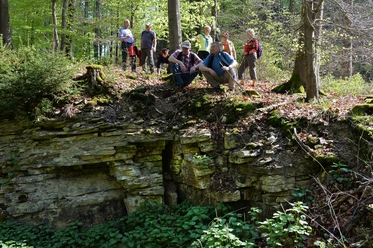 Steinbruch im Merschetal Eine Gruppe Wanderer auf einem bewaldeten Felsenrand, umgeben von üppigem Grün im Merschetal.