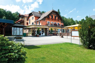 Margaretenhof Außenansicht Fassade eines mehrstöckigen Gebäudes mit Balkonen, umgeben von Grünflächen und Bäumen.