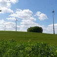 Drei Windräder auf grünen Feldern unter blauem Himmel mit vereinzelten Wolken, Bäume im Hintergrund.