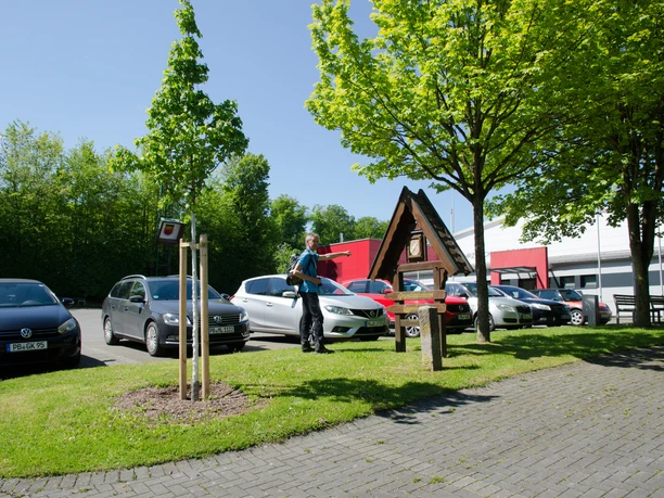 Mehrzweckhalle Dahl mit angrenzendem Parkplatz, umgeben von Bäumen bei sonnigem Wetter im Grünen.