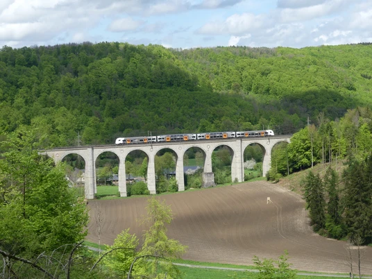 Ein Viadukt mit sieben Bögen überspannt das Dunetal, umgeben von grünen Wäldern und einem Zug darauf.