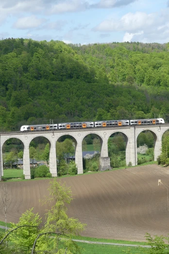 Viadukt im Dunetal Ein Viadukt mit sieben Bögen überspannt das Dunetal, umgeben von grünen Wäldern und einem Zug darauf.