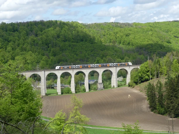 Viadukt im Dunetal Ein Viadukt mit sieben Bögen überspannt das Dunetal, umgeben von grünen Wäldern und einem Zug darauf.