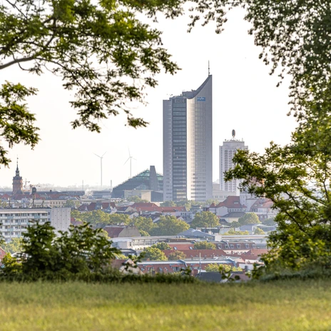 View of Leipzig skyline from the Fockeberg (wreckage hill) – Green Leipzig View of Leipzig City Centre and City Tower from the green Fockeberg (wreckage hill)