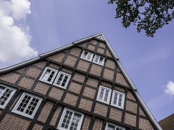 Hotel am Doktorplatz Außenansicht eines historischen Fachwerkhauses mit rotem Backstein, blauen Fensterläden und Baum.
