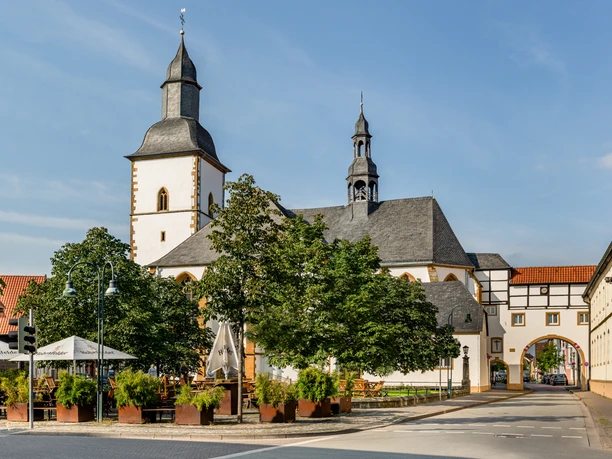 Historische Kirche mit zwei Türmen, umgeben von Bäumen in einer malerischen Stadtlandschaft.