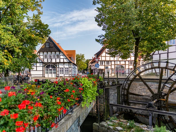 Mühlräder Nordwall Wiedenbrück Fachwerkhäuser mit roten Dächern umgeben eine historische Wassermühle, eingerahmt von bunten Blumen.