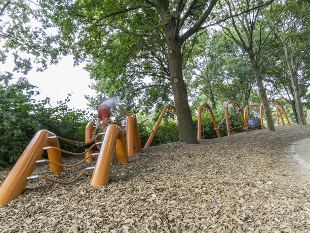 Ein langer, orangefarbener Kletterparcours im Wald auf einem Boden aus Holzhackschnitzeln.