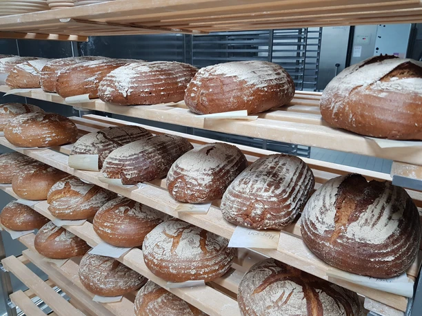 Brotlaibe auf Holzbrettern
