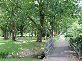 Kurpark Rothenuffeln, Hille Grüner Park mit Bäumen, Wiesen und einem Fußweg, der über eine kleine Holzbrücke führt.