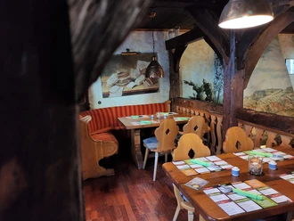 Blick auf eingedeckte Sitzplätze im Alt Heidelberg