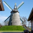 Historische Windmühle Exter mit vier Flügeln auf grünem Hügel, umgeben von Fachwerkgebäuden.