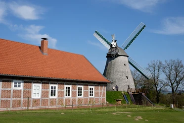 Windmühle Exter mit rotem Ziegeldachgebäude und umliegender grüner Wiese unter blauem Himmel.