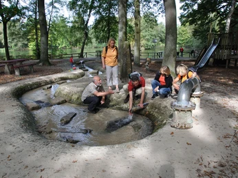 Menschen erkunden einen artesischen Brunnen in einem Waldgebiet, mit einem Spielplatz und Teichen.