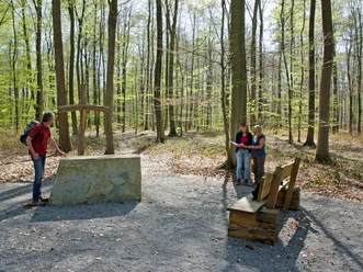 Friedwald Nonnenbusch Ein herbstlicher Wald mit zwei Personen beim Gespräch und einer Person an einem Naturdenkmal.