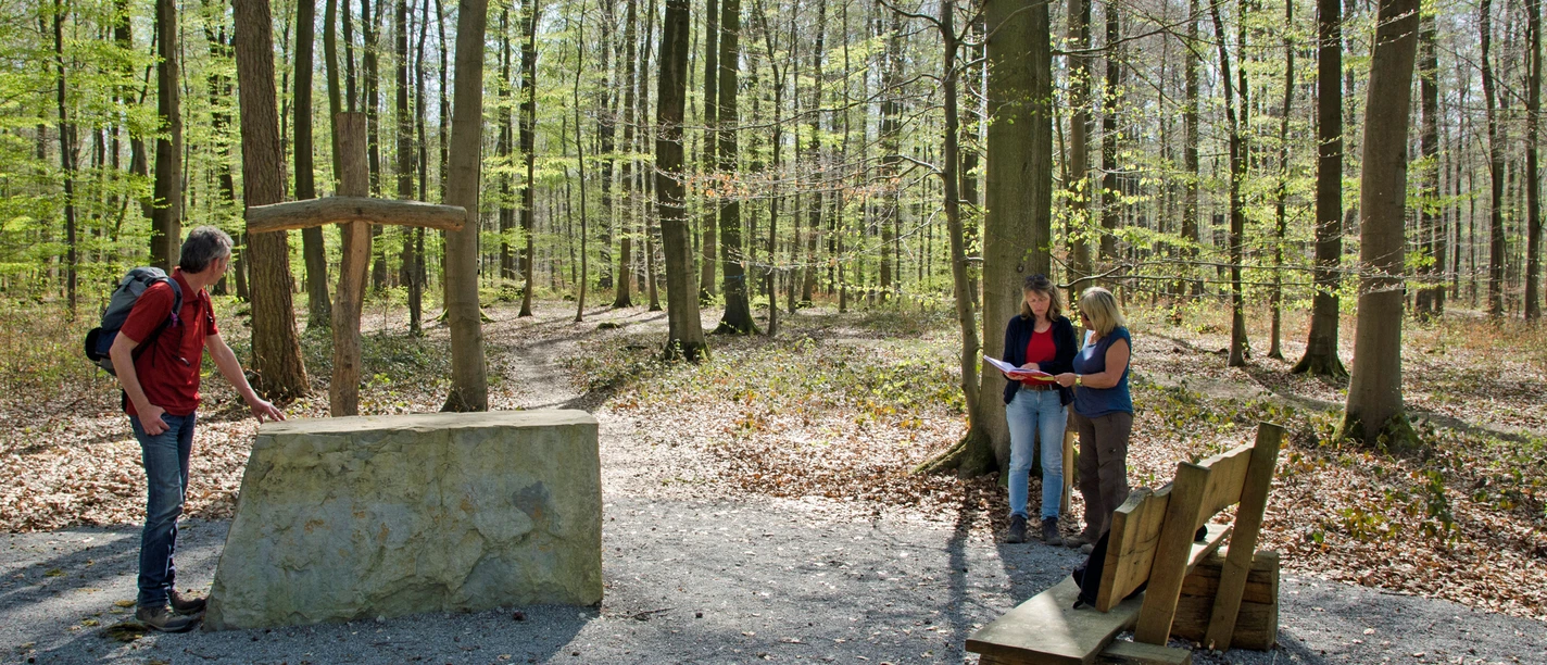 Friedwald Nonnenbusch Ein herbstlicher Wald mit zwei Personen beim Gespräch und einer Person an einem Naturdenkmal.