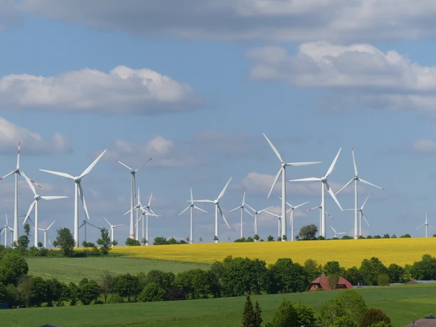 Windkraftanlagen auf der Paderborner Hochfläche Mehrere Windkraftanlagen auf einer grünen Wiese unter einem blauen Himmel mit weißen Wolken.