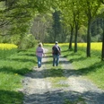 Zwei Menschen wandern im Frühling entlang eines von Bäumen gesäumten Weges, flankiert von Rapsfeldern.