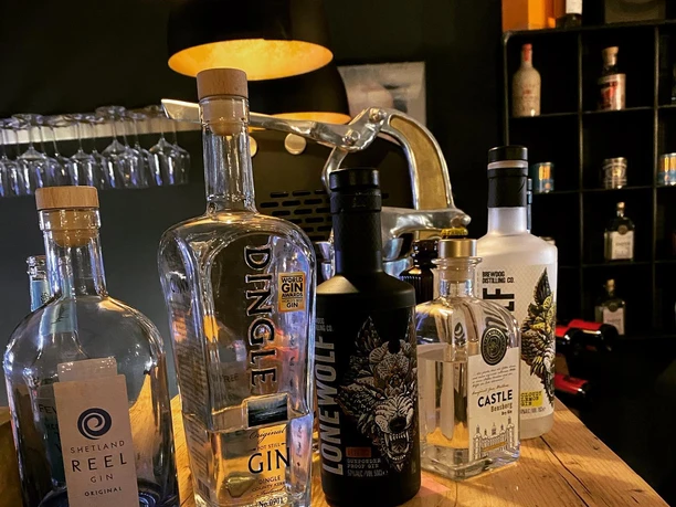 Foto Lu´s Box Flaschen.jpg Eine Auswahl an Gin-Flaschen steht auf einem Holztisch, beleuchtet von warmem Lampenlicht.