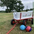 Gasthaus-Rose Bollerwagen und Bälle auf einer grünen Wiese, umgeben von Bäumen und Strommasten im Hintergrund.