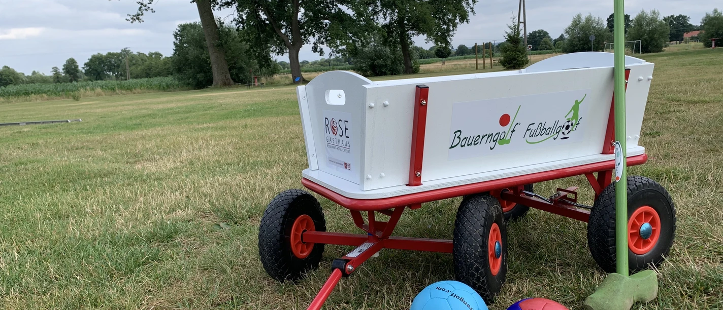Gasthaus-Rose Bollerwagen und Bälle auf einer grünen Wiese, umgeben von Bäumen und Strommasten im Hintergrund.