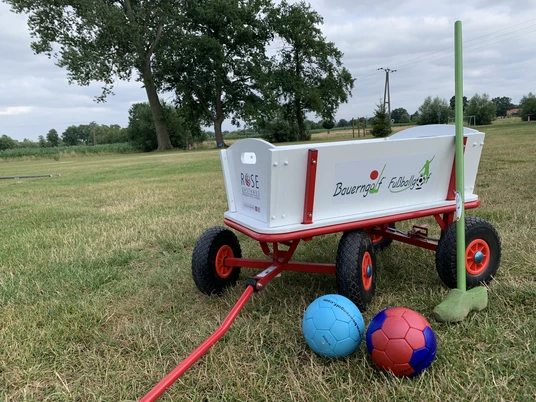 Gasthaus-Rose Bollerwagen und Bälle auf einer grünen Wiese, umgeben von Bäumen und Strommasten im Hintergrund.