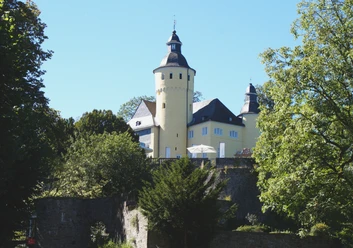 Schloss Homburg Gelbes Schloss mit Turm, umgeben von Bäumen, auf einem Hügel unter blauem Himmel.