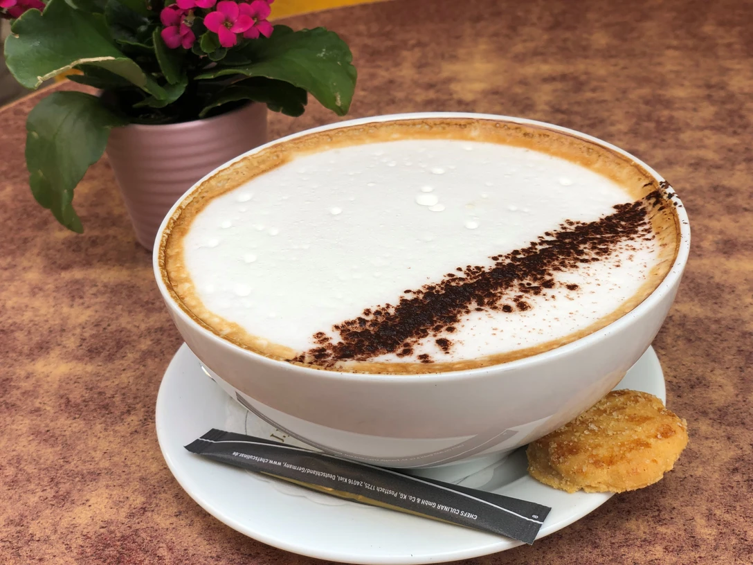 Große Tasse Milchkaffee mit viel Schaum, begleitet von einem Keks und pinkblühende Pflanze daneben.Large cup of latte with lots of foam, accompanied by a cookie and a pink flowering plant next to it.Stor kop latte med masser af skum, ledsaget af en kiks og en pink blomstrende plante ved siden af.Grote kop latte met veel schuim, met een koekje en een roze bloeiende plant ernaast.