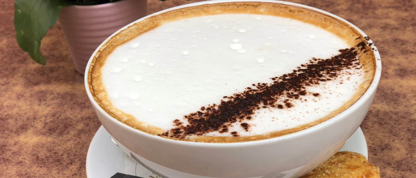 Grote kop latte met veel schuim, met een koekje en een roze bloeiende plant ernaast.