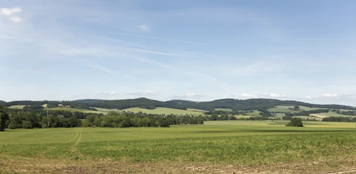 Landschaft bei Wendlinghausen CC BY-SA - LTM .jpg Weite Felder und bewaldete Hügel bei Wendlinghausen unter blauem Himmel